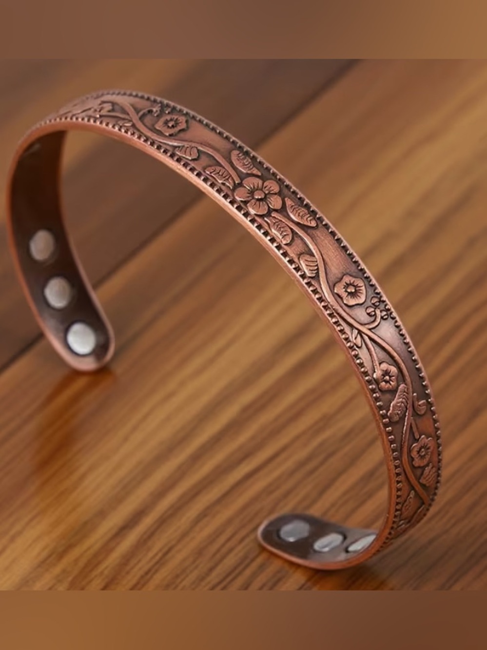 Womens Copper Flower Embossed Magnetic Open Cuff Adjustable Bracelet
